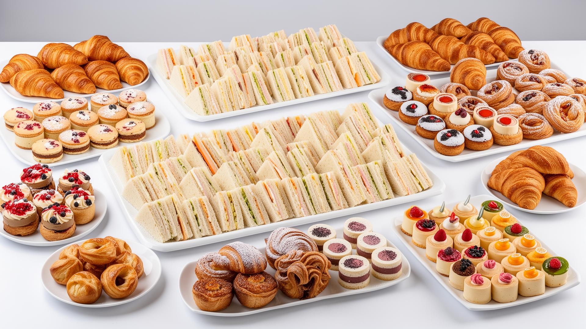 Bandejas de catering La Fábrica con sandwiches, facturas y pastelería